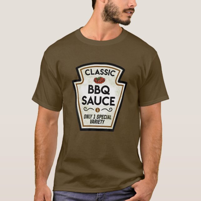 Barbecue BBQ Sauce Bottle Label Halloween Matching T-Shirt (Front)