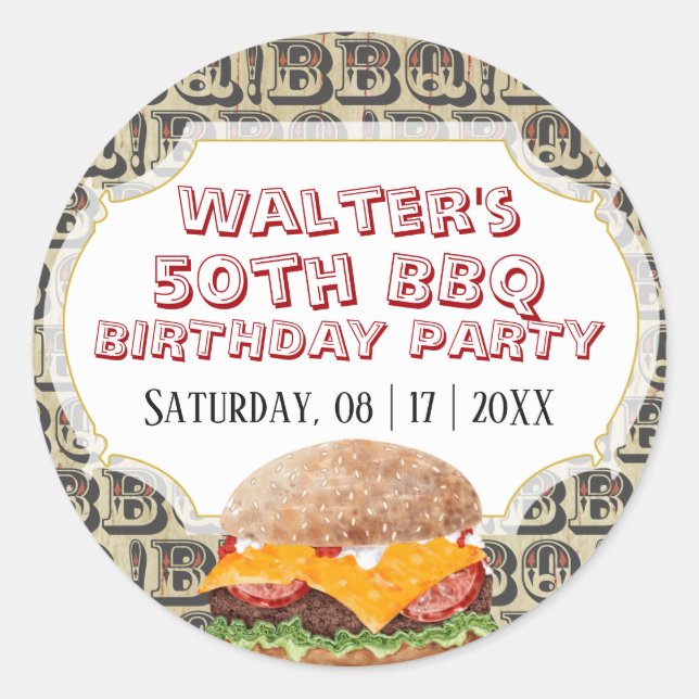 Barbecue Cheeseburger Any Age Birthday Classic Round Sticker (Front)