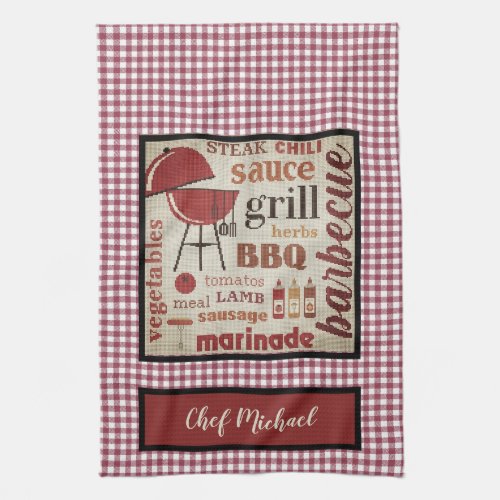 Barbecue Chef Red Gingham Check Personalized Kitchen Towel