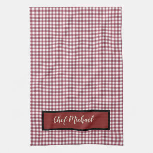 Barbecue Chef Red Gingham Check Personalized Kitchen Towel
