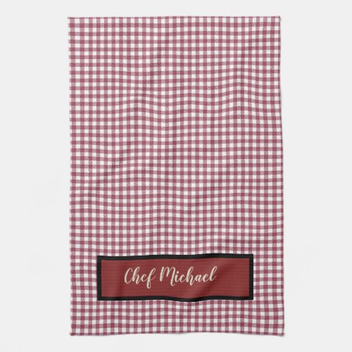 Barbecue Chef Red Gingham Check Personalized Kitchen Towel