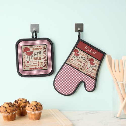 Barbecue Chef Red Gingham Check Personalized Oven Mitt  Pot Holder Set