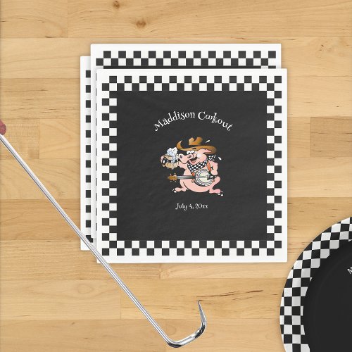 Barbecue Cookout Pig Playing Banjo Black Custom Napkins