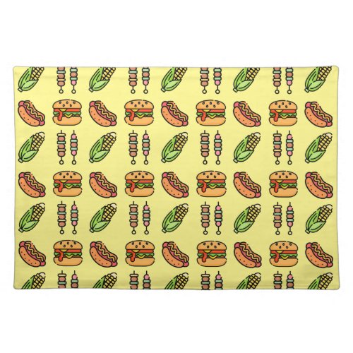 Barbecue Foods  Hamburger Hotdog Shish Kabob Cloth Placemat