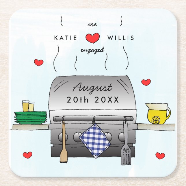 Barbecue Grill Engagement Party  Square Paper Coaster (Front)