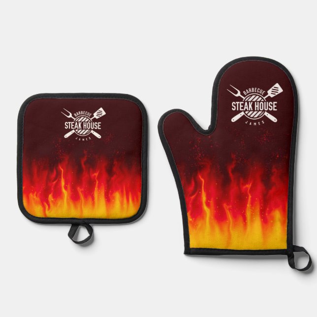 Barbecue Grill Flames — Personalized Steak House Oven Mitt & Pot Holder Set (Front)
