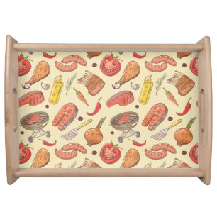 Barbecue, grill, hand-drawn seamless background. serving tray