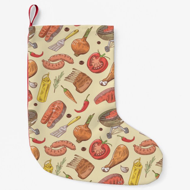 Barbecue, grill, hand-drawn seamless background. small christmas stocking (Front)
