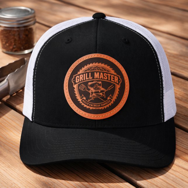 Barbecue Grill Master Leather Patch Hat (Barbecue - BBQ - Grill Master Trucker Style Hat - Unique and perfect for dad's who love to grill. )