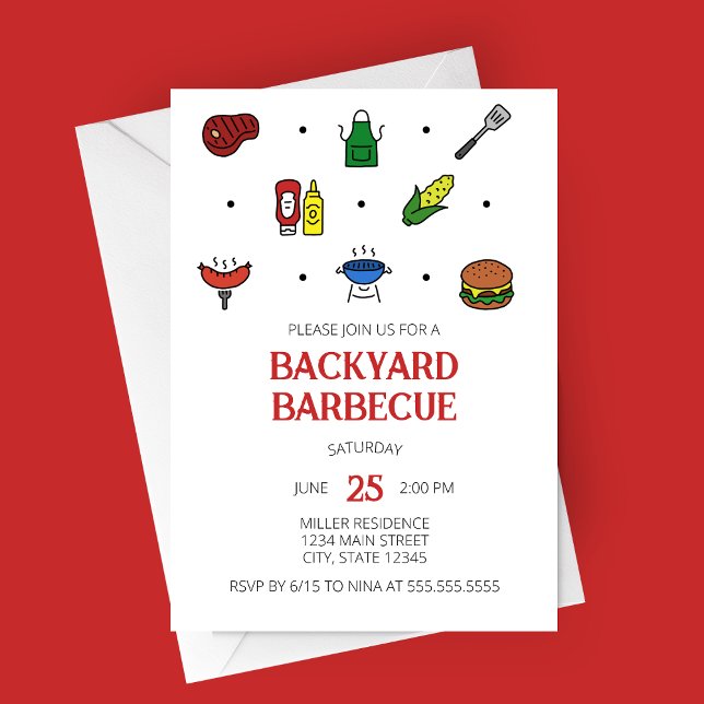 Barbecue Icons Party Invitation (Modern Minimalist Backyard Barbecue Line Icons Summer Party Invitation)