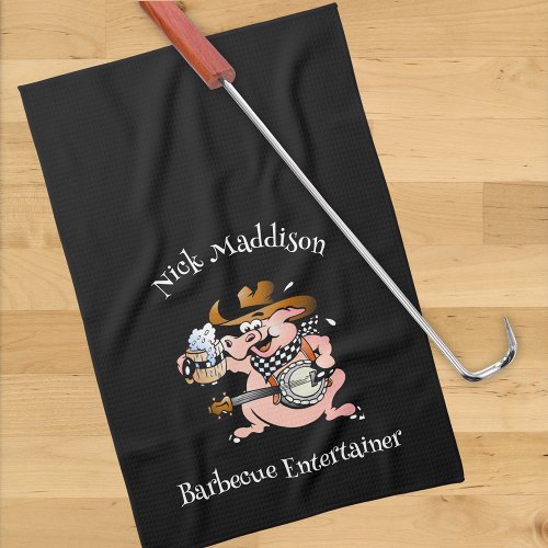 Barbecue Lover Pig Playing Banjo Black Custom Kitchen Towel