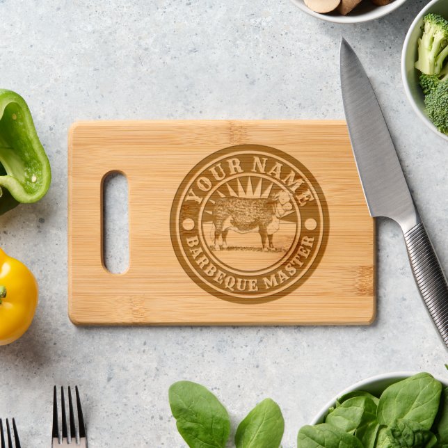Barbecue Master With Bull or Cow Logo Template Engraved Cutting Board (Kitchen Counter)