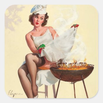 Barbecue Pin-up Girl Square Sticker by PinUpGallery at Zazzle