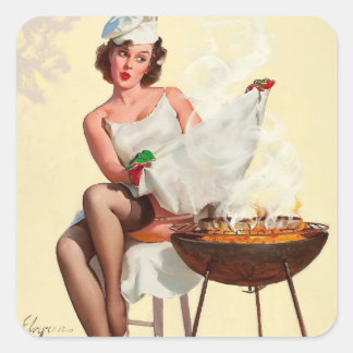 Barbecue Pin-Up Girl Square Sticker