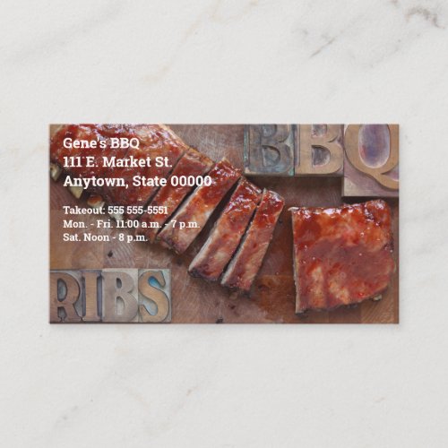 Barbecued ribs with wood type letters business card