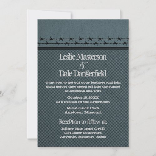 Barbed Wire Fence Biker Wedding Invite Blue Invitation