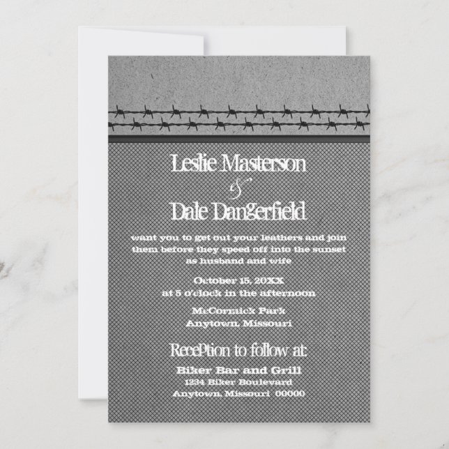 Barbed Wire Fence Biker Wedding Invite, Gray Invitation (Front)