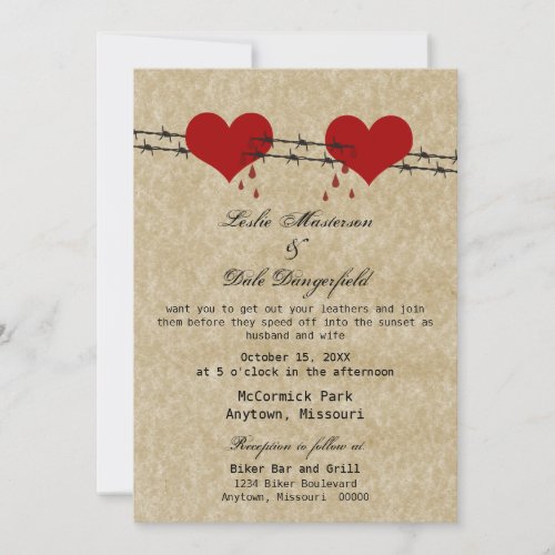 Barbed Wire Hearts Tattoo Biker Wedding Invite