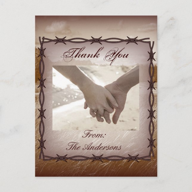 barbed wire western country wedding thank you postcard (Front)