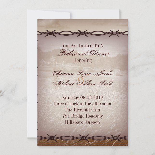 barbed wire western  wedding rehearsal dinner invitation (Front)