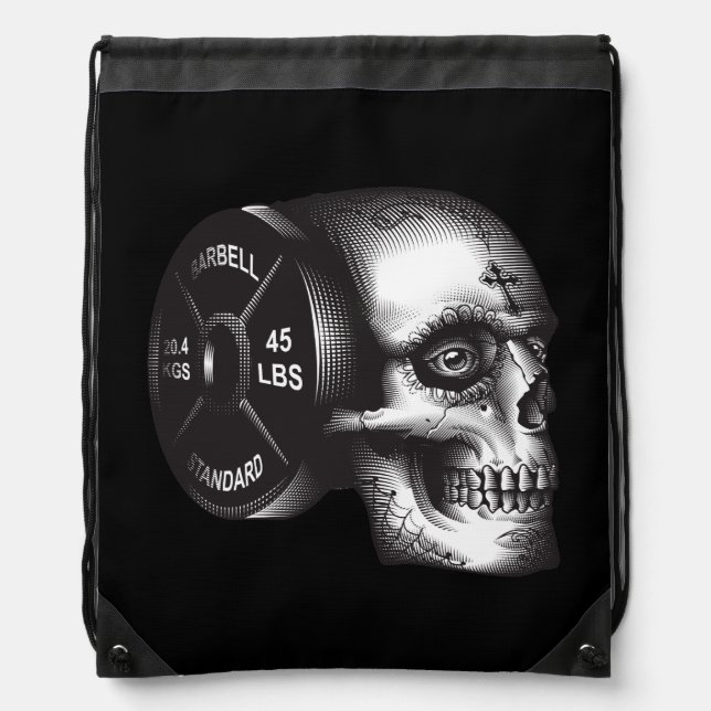 Barbell Plate and Skull - Workout Gym Motivational Drawstring Bag (Front)