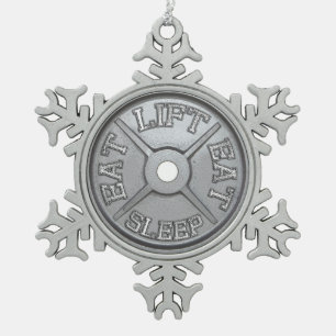 Barbell Plate - Lift, Eat, Sleep Snowflake Pewter Christmas Ornament