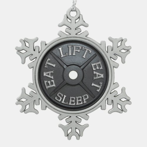 Barbell Plate _ Lift Eat Sleep Snowflake Pewter Christmas Ornament