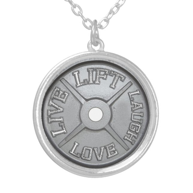 Barbell Plate - Lift, Live, Love, Laugh Silver Plated Necklace (Front)
