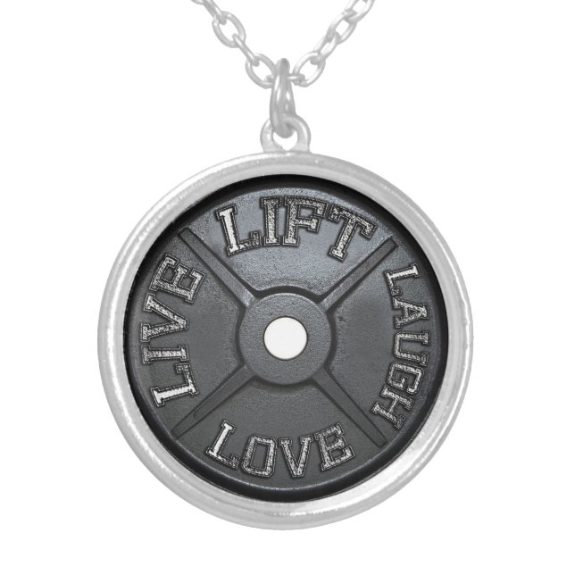 Barbell Plate - Lift, Live, Love, Laugh Silver Plated Necklace (Front)