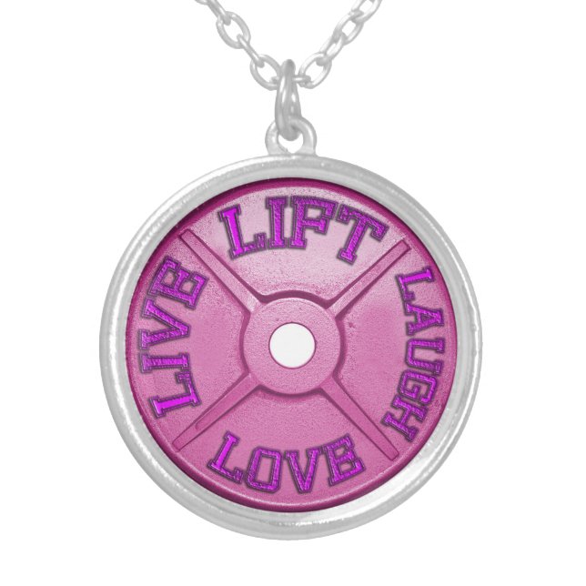 Barbell Plate - Lift, Live, Love, Laugh Silver Plated Necklace (Front)