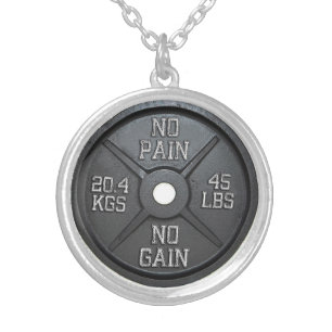Barbell Plate - No Pain No Gain Silver Plated Necklace