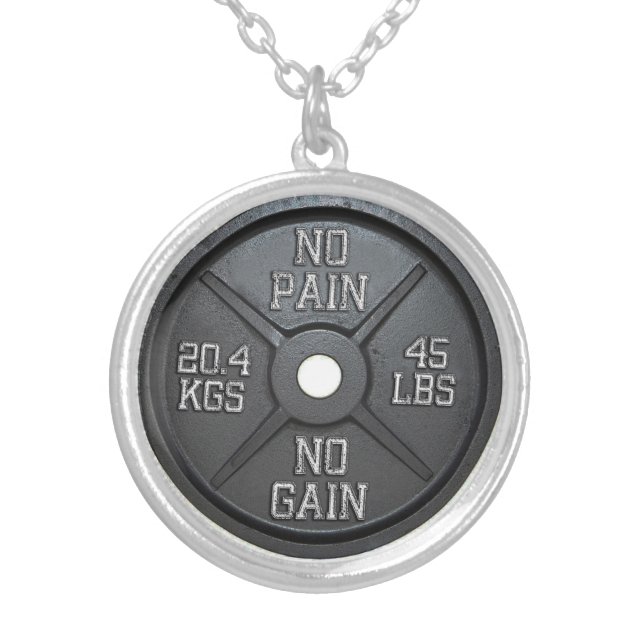 Barbell Plate - No Pain No Gain Silver Plated Necklace (Front)