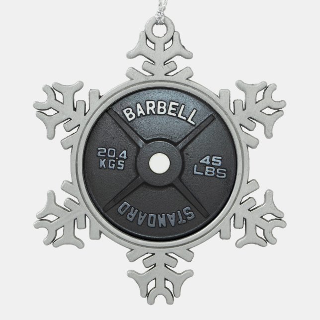 Barbell Plate Snowflake Pewter Christmas Ornament (Front)