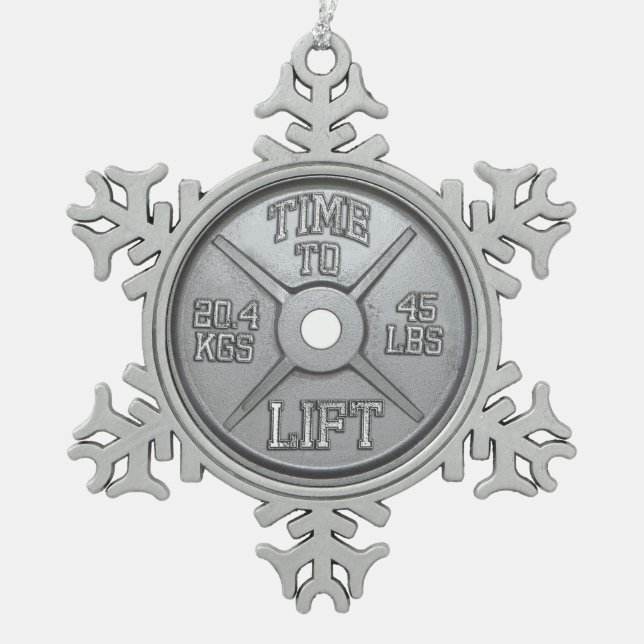 Barbell Plate - Time To Lift Snowflake Pewter Christmas Ornament (Front)
