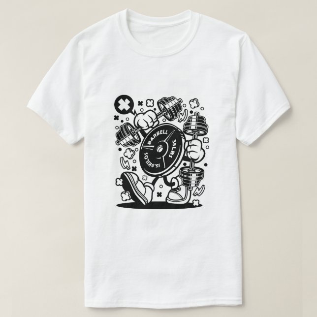 Barbell Weight Lifting Cartoon T-Shirt (Design Front)