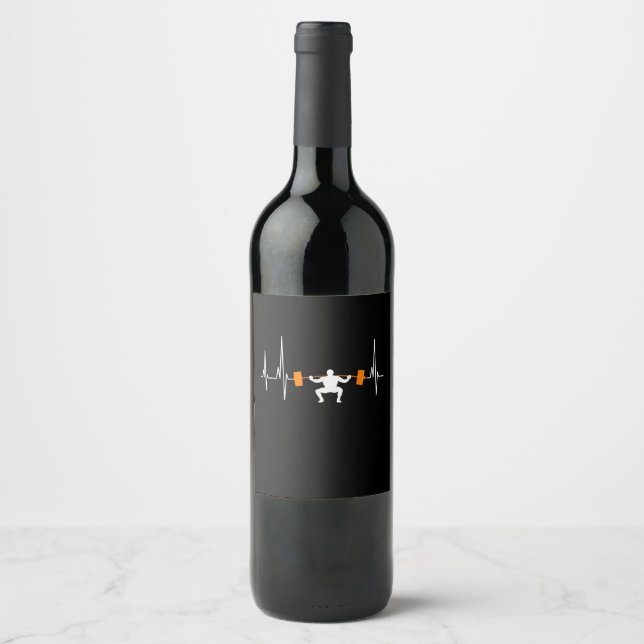 Barbell Weightlifting Heartbeat Bodybuilding Wine Label (Front)