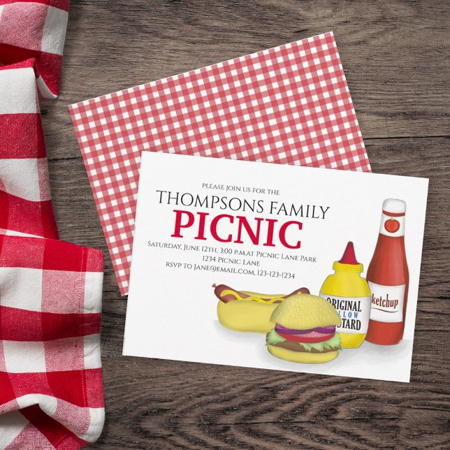 Barbeque Casual Picnic Family Reunion Hamburger Invitation (BBQ invitation with Family picnic wording and hand-drawn hamburgers and hotdogs. )