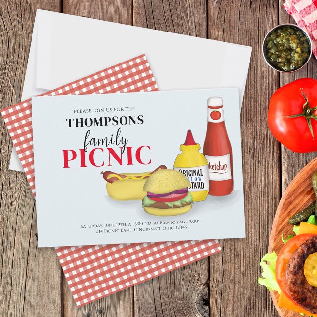 Barbeque Casual Picnic Family Reunion Hamburger Invitation (BBQ invitation with Family picnic wording and hand-drawn hamburgers and hotdogs. )