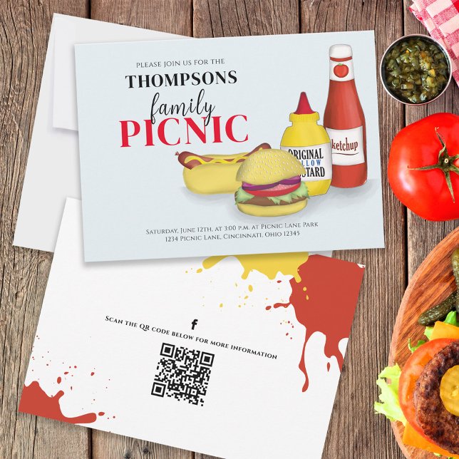 Barbeque Casual Picnic Family Reunion Watercolor  Invitation (BBQ invitation with Family picnic wording and hand-drawn hamburgers and hotdogs. )