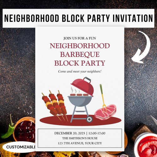 Barbeque Neighborhood Fun Block Party Invitation