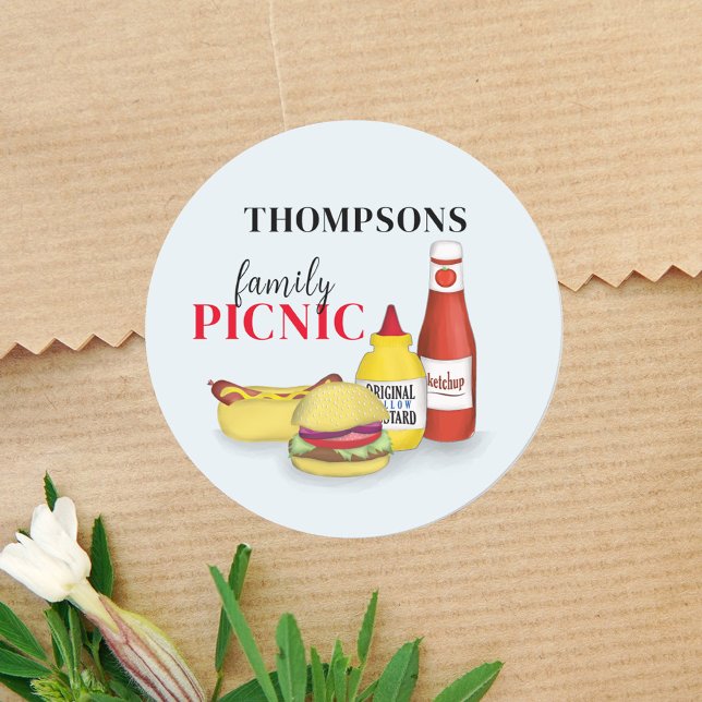 Barbeque Typography Family Reunion Picnic Classic Round Sticker (Family Reunion simple sticker template with cute hamburgers and hotdogs. )