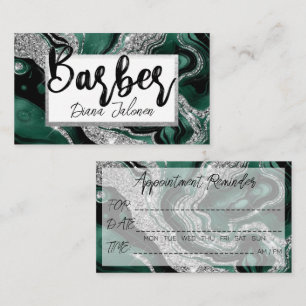 Barber Appointment Reminder Silver Green Marble Business Card
