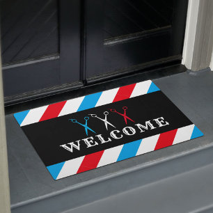 Barber Barbershop Blue Red Stripes Welcome Doormat