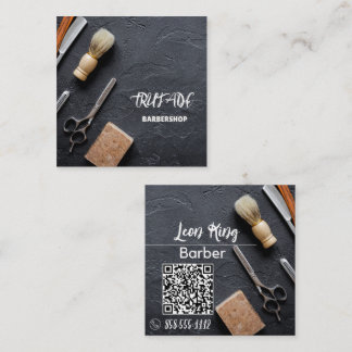 Barber Barbershop Professional QR Gray Square Business Card