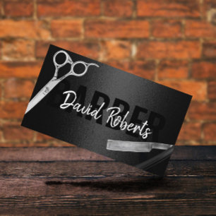 Barber Barbershop Razor & Scissor Modern Black Business Card