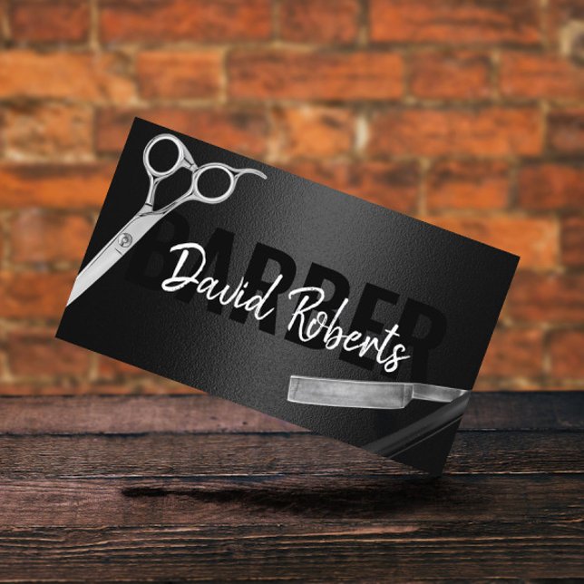 Barber Barbershop Razor & Scissor Modern Black Business Card (Creator Uploaded)
