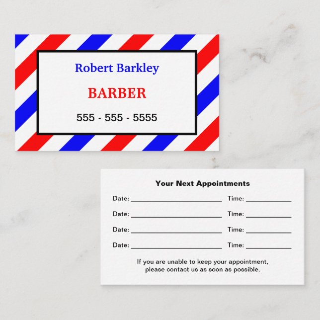 Barber Barbershop Red White Blue Appointment Card (Front/Back)