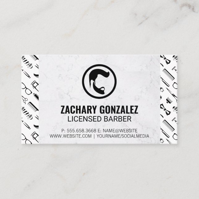 Barber Beard Logo | Barber Tools Pattern Marble Loyalty Card (Front)