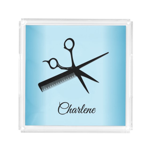 Barber Beautician Design Blue Acrylic Tray (Front)