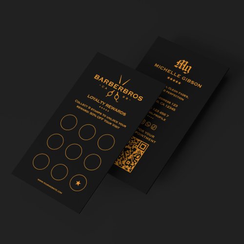 Barber Black Barbershop Orange Scissors Loyalty Card